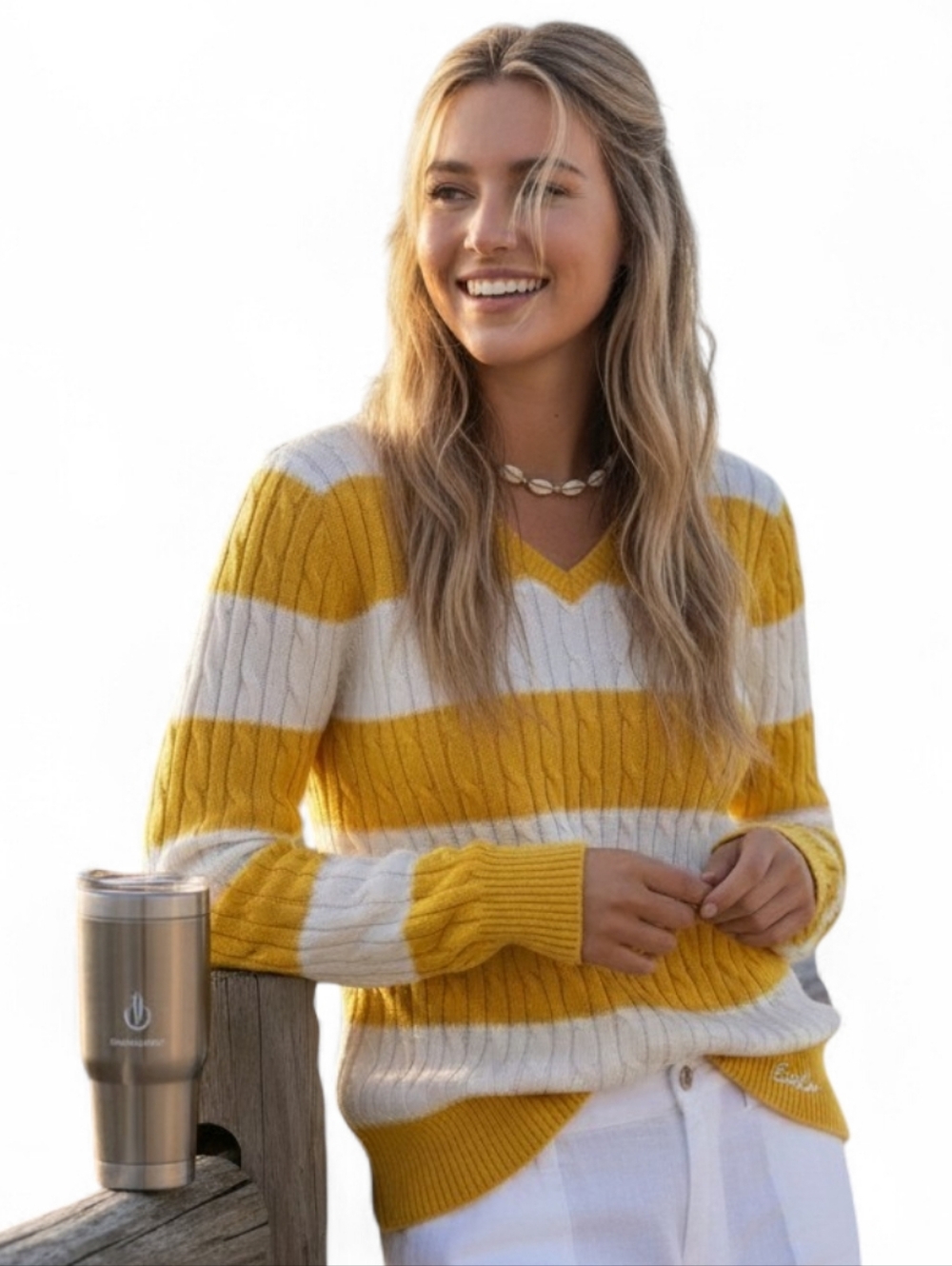 St. John’s Bay Coastal Yellow & White Striped Cable Knit V-Neck Sweater Size L